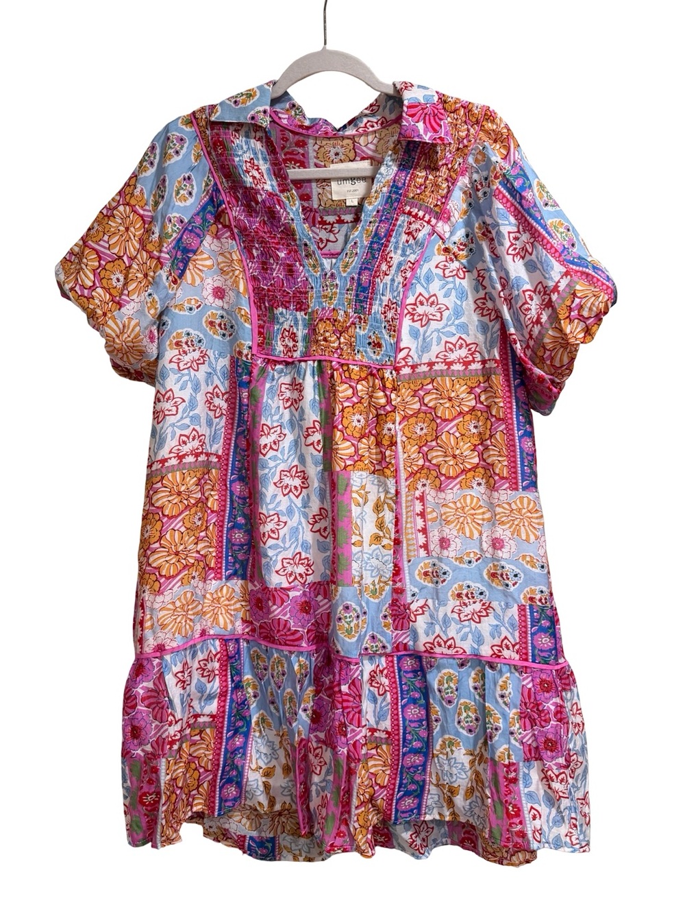 ☀️Umgee Patchwork Print Smocked Mini Dress Collared Split V-Neck Size Large Boho - Picture 3 of 11